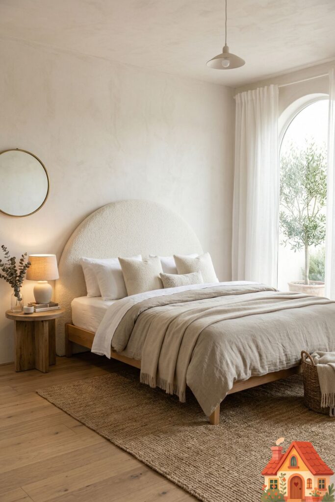 A bedroom featuring a stunning, crescent-shaped curved headboard upholstered in a creamy white bouclé fabric. It is paired with simple, layered linen bedding in the center of a calm, light-filled room.