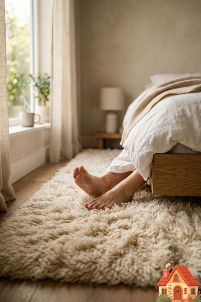  A low angle view focusing on a pair of bare human feet sinking into an extremely plush, high-pile organic wool rug next to a low bed. In the background, out of focus, a window lets in soft morning light.