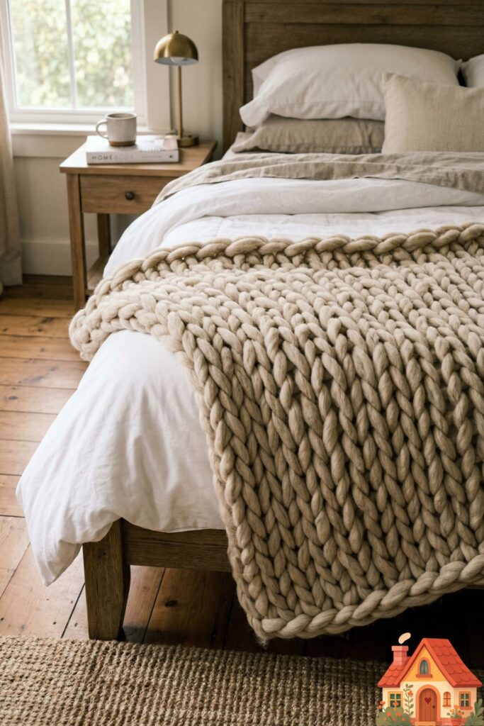 A large, heavy, arm-knitted blanket in a natural, un-dyed wool color, draped over the foot of a bed. The scale of the yarn is massive and tactile, contrasting with smooth cotton sheets.