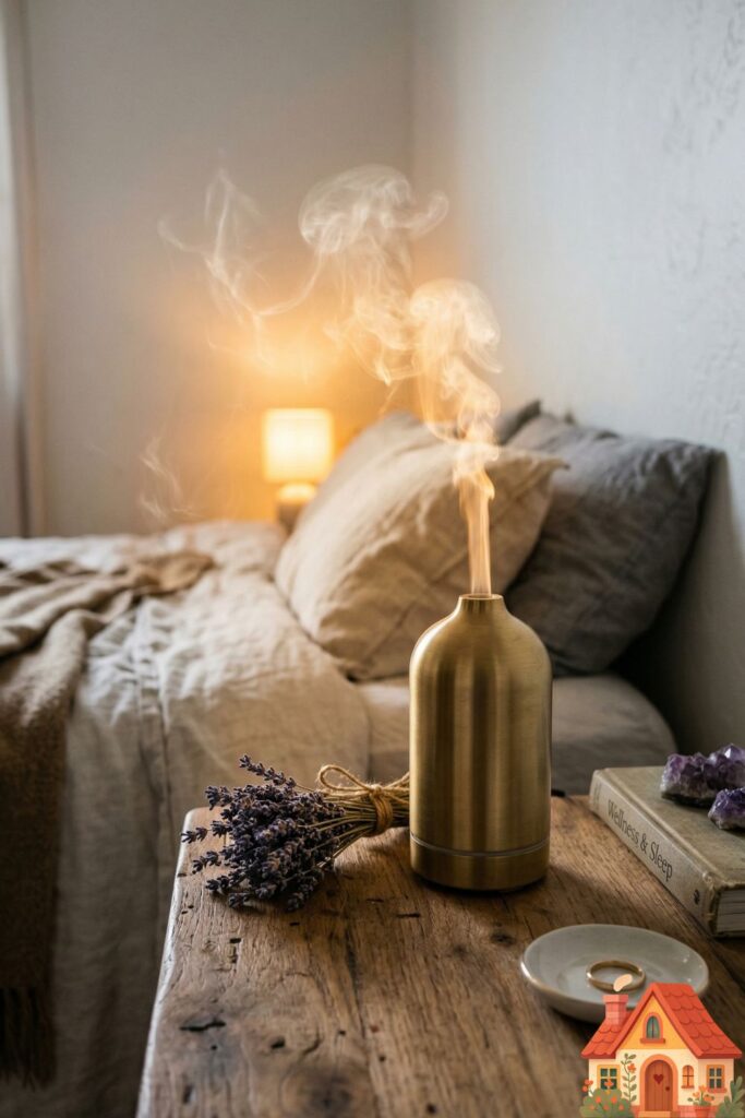 Close-up focus on a minimalist, architectural brass oil diffuser resting on a raw wooden nightstand. Soft, scented steam is elegantly rising, bathed in a warm, amber back-light. A small bundle of dried lavender sits next to it.)