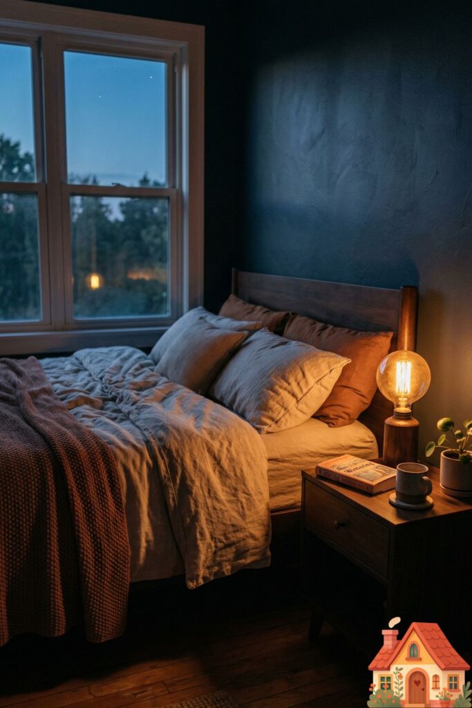 A cozy bedroom at dusk. There are no overhead lights, only a warm, deep amber glow from an antique-style filament bulb in a simple bedside lamp. The soft light creates a peaceful, intimate atmosphere, safe and calming.)