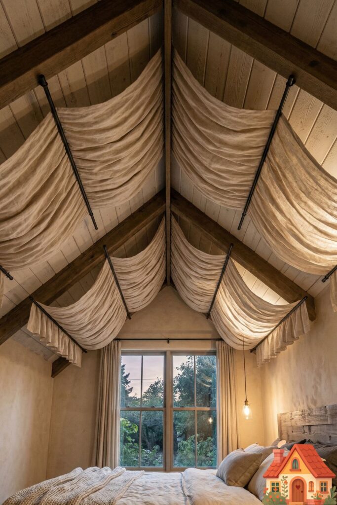 Looking upwards in a peaceful bedroom, showing soft, oatmeal-colored linen drapes elegantly suspended across a vaulted ceiling, catching soft evening light and creating a quiet, buffered acoustic sanctuary.
