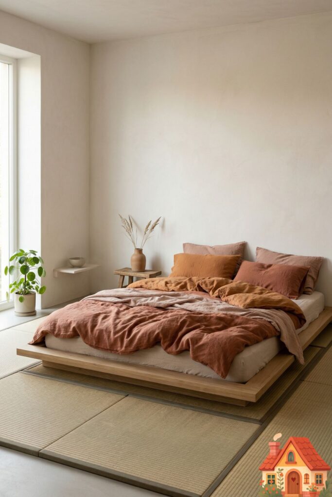 A minimalist, low-profile bed with a simple mattress resting on natural tatami mats. It is layered with rumpled, raw cotton bedding in shades of clay. The vibe is peaceful, organic, and deeply connected to the ground.)