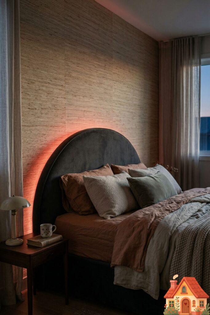 A moody, evening-lit bedroom. A subtle LED color strip behind a curved headboard is emitting a soft, deep red and orange glow, reflecting off textured wallpaper and creating a safe, womb-like, calming sanctuary.