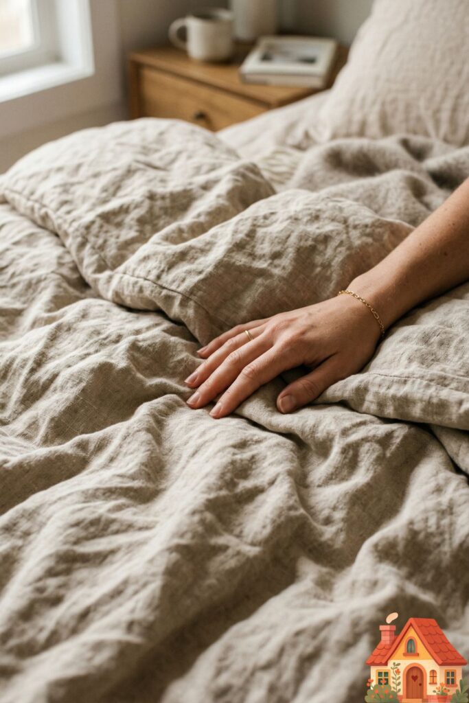 Close-up of deeply wrinkled, textured organic French flax linen sheets in a soothing oat color. A human hand is gently resting on the fabric, emphasizing the tactile softness and quality.