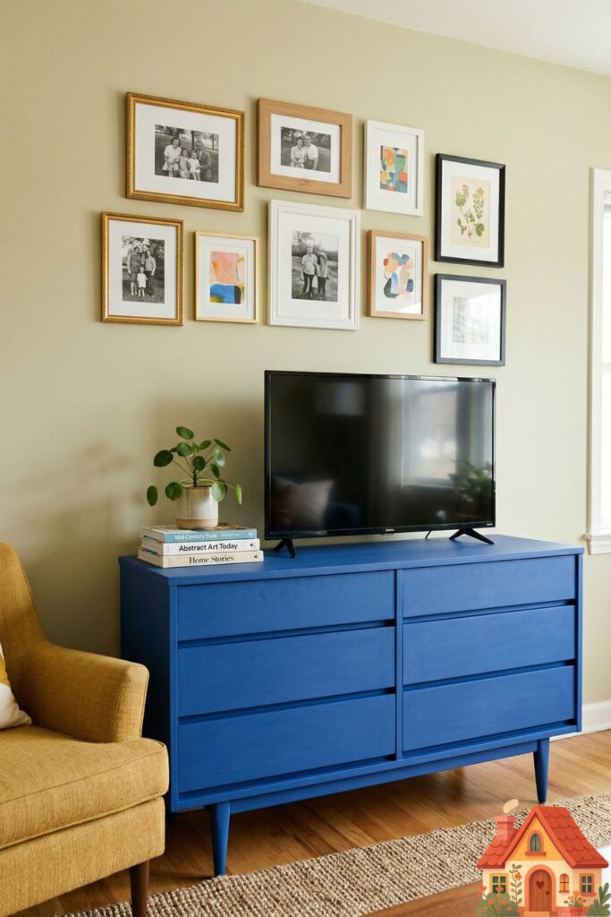 A vintage mid-century modern dresser, lovingly repainted in a striking, matte cobalt blue, serving as a TV stand or vanity. Above it is a gallery wall of eclectic, mismatched frames with personal photos and abstract art.