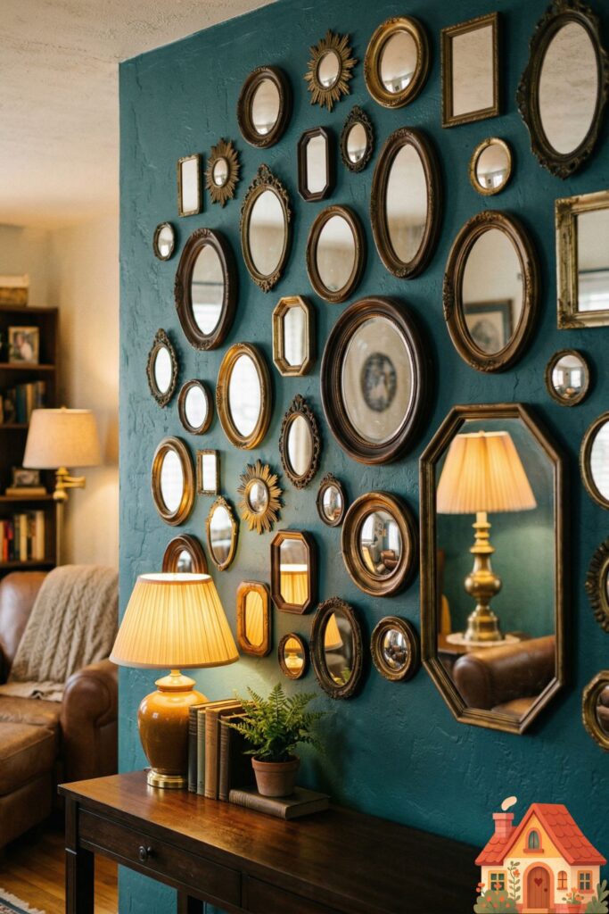 A unique accent wall featuring a collection of small, antique mirrors of varying shapes and sizes with aged brass and dark wood frames, creating an eclectic, shimmering surface that reflects a cozy lamp-lit room.