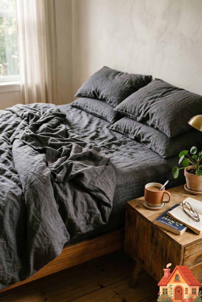 A close-up of a perfectly unmade bed. The linen sheets in a charcoal gray are rumpled, soft, and inviting, with a book and coffee cup on the nightstand, emphasizing comfort over rigidity.