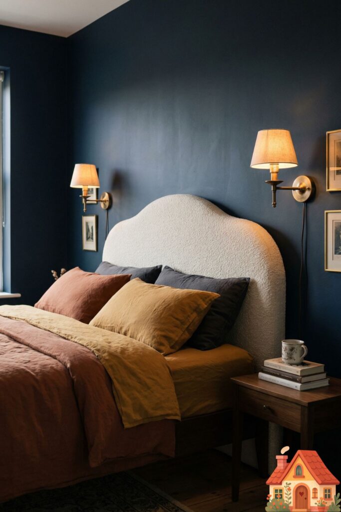 A deeply atmospheric bedroom. The walls are painted a moody, matte dark navy blue, adorned with brass vintage wall sconces. Behind the bed, a curved bouclé headboard provides contrast, creating a safe, cocooning atmosphere.
