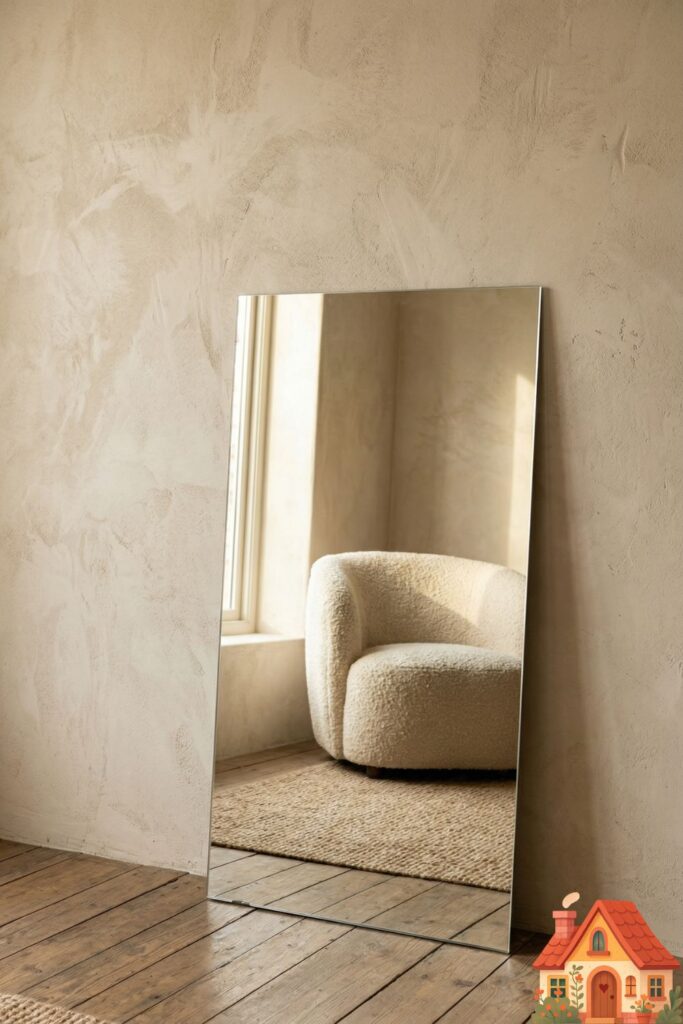 Close-up view of a lime-washed plaster wall in a warm oatmeal color, showing natural texture and imperfection. A large, frameless mirror is leaning against the wall, reflecting a soft bouclé chair.