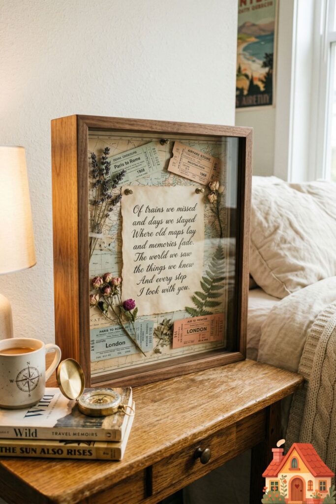 A close-up focus on a side table holding a beautiful, handcrafted wooden shadow box nightstand. Inside the glass display, a collection of vintage travel tickets, dried flowers, and a personal poem are artfully arranged.