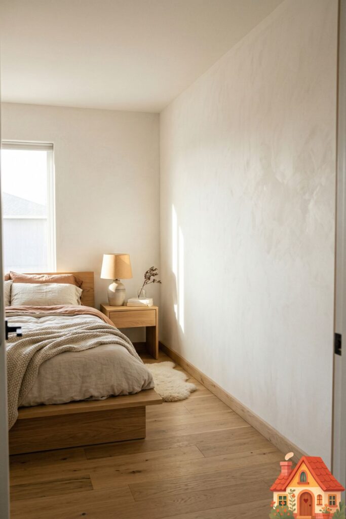  A minimalist but warm bedroom. Most of the furniture is grouped on one side, but one entire wall is left blank, showing only the soft texture of the white plaster and the natural wood floor, creating a sense of calm and possibility.