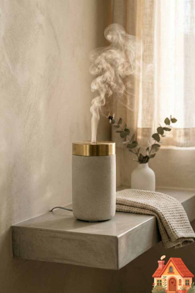 A close-up focus on a minimalist, architectural concrete and brass oil diffuser resting on a polished concrete shelf. Soft, scented steam is elegantly rising, bathed in a warm, gentle backlight.
