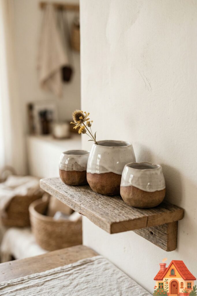 A wooden side shelf with a small collection of three handmade ceramic pots. They are irregularly shaped with exposed rough clay at the bottom and a simple, glossy white glaze at the top. A single dried wildflower is in one.