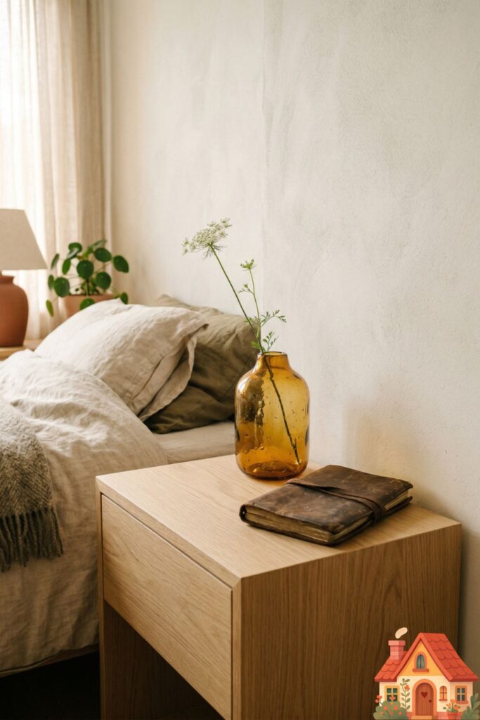 A minimalist, architectural nightstand. It holds only a single, hand-blown amber glass vase with one wildflower and a weathered leather journal, bathed in warm, gentle backlight.