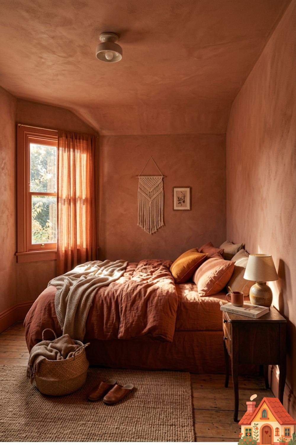 A highly aesthetic, compact bedroom completely color-drenched in a warm, muted terracotta plaster. The walls, baseboards, and ceiling are identically colored. A soft, rust-colored linen bed sits in the center, catching warm afternoon sunlight from a single window. Deeply cozy, womb-like, and highly textured.)