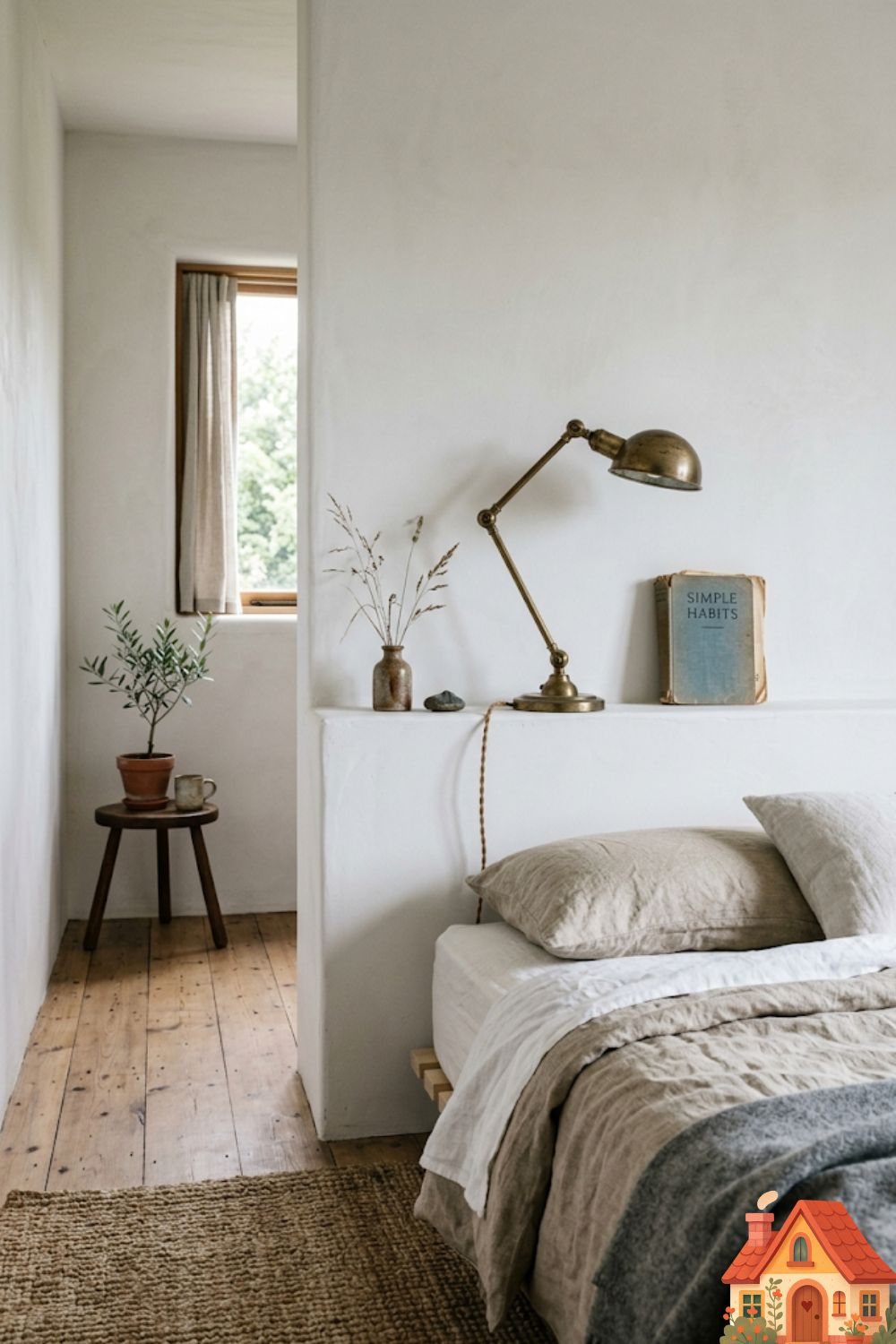 A minimalist small bedroom featuring a smooth, white plaster ledge built directly into the wall behind a low bed, serving as an architectural headboard. Resting on the ledge is a single vintage brass reading lamp and a dog-eared book. No bulky furniture. Clean, serene, Wabi-Sabi aesthetic.