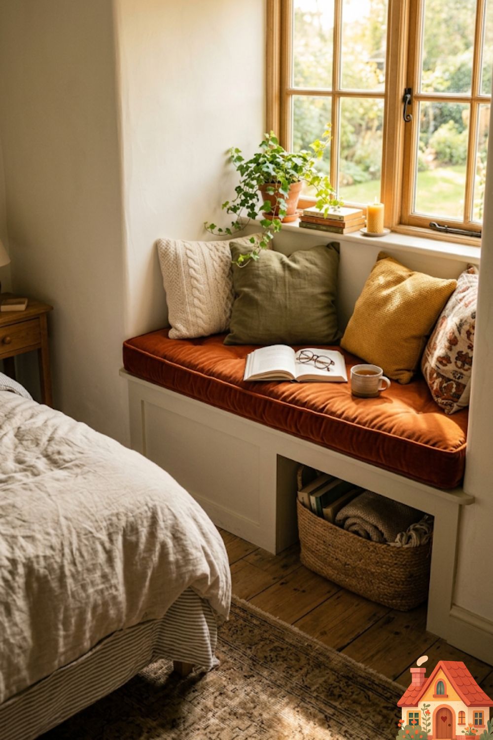 A charming, compact bedroom corner. A built-in window seat is nestled directly under a bright window, painted to match the walls. It is topped with a thick, ribbed-velvet cushion in burnt orange and several cozy throw pillows. Sunlight pours in, creating an inviting, private reading nook.