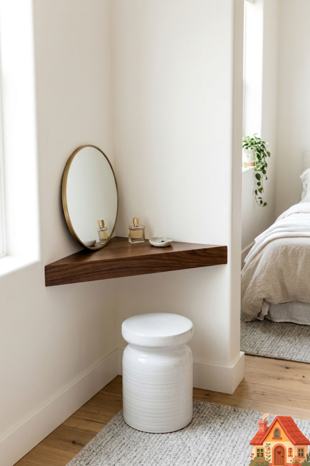 A clever, space-saving bedroom corner design. A beautifully polished, triangular slab of rich walnut wood is mounted directly into the corner of the room, floating without legs. A tiny, chic ceramic stool is tucked underneath. On the wood sits a single, elegant perfume bottle and a minimalist mirror.