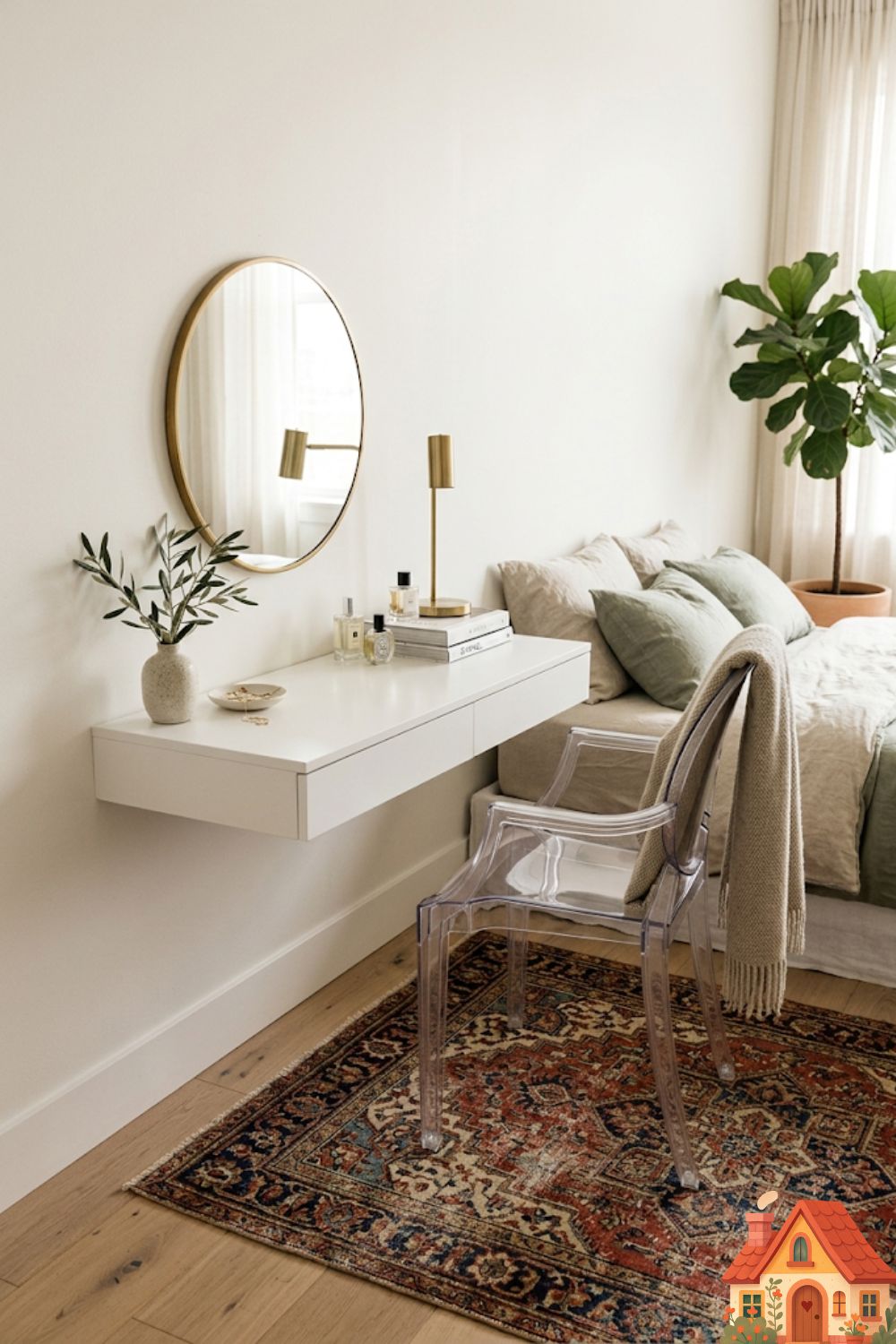 A highly styled small bedroom vanity area. A sleek, white floating desk is paired with a completely transparent, clear lucite 'ghost' chair. The beautiful vintage rug beneath the chair is fully visible, making the tight space feel open, airy, and incredibly chic.