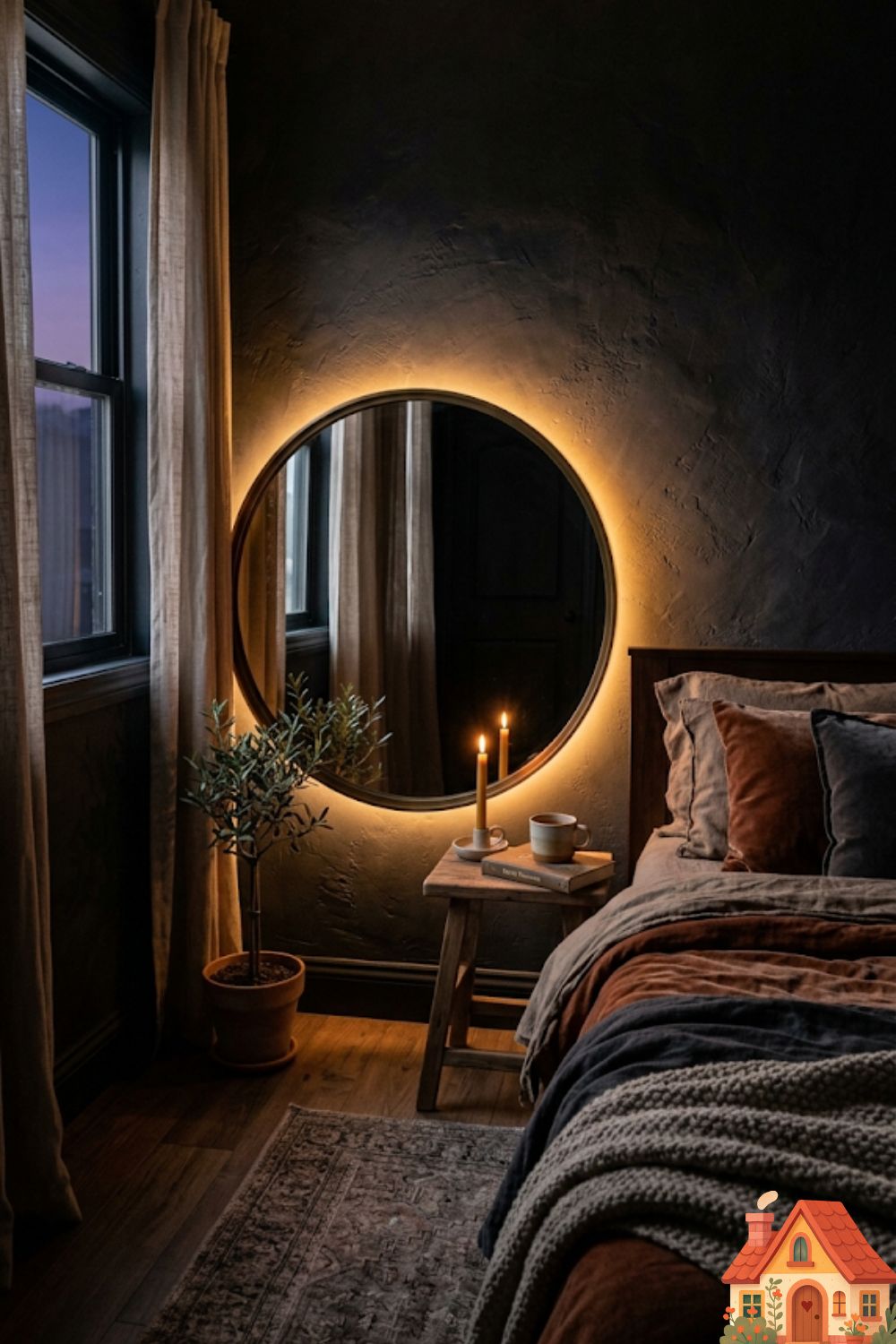 A moody, small bedroom at dusk. The main lights are off. A large, round mirror leans against the wall, and behind it, a hidden LED strip emits a soft, warm amber glow, creating a stunning halo effect against the textured plaster. The atmosphere is deeply intimate, safe, and soothing.