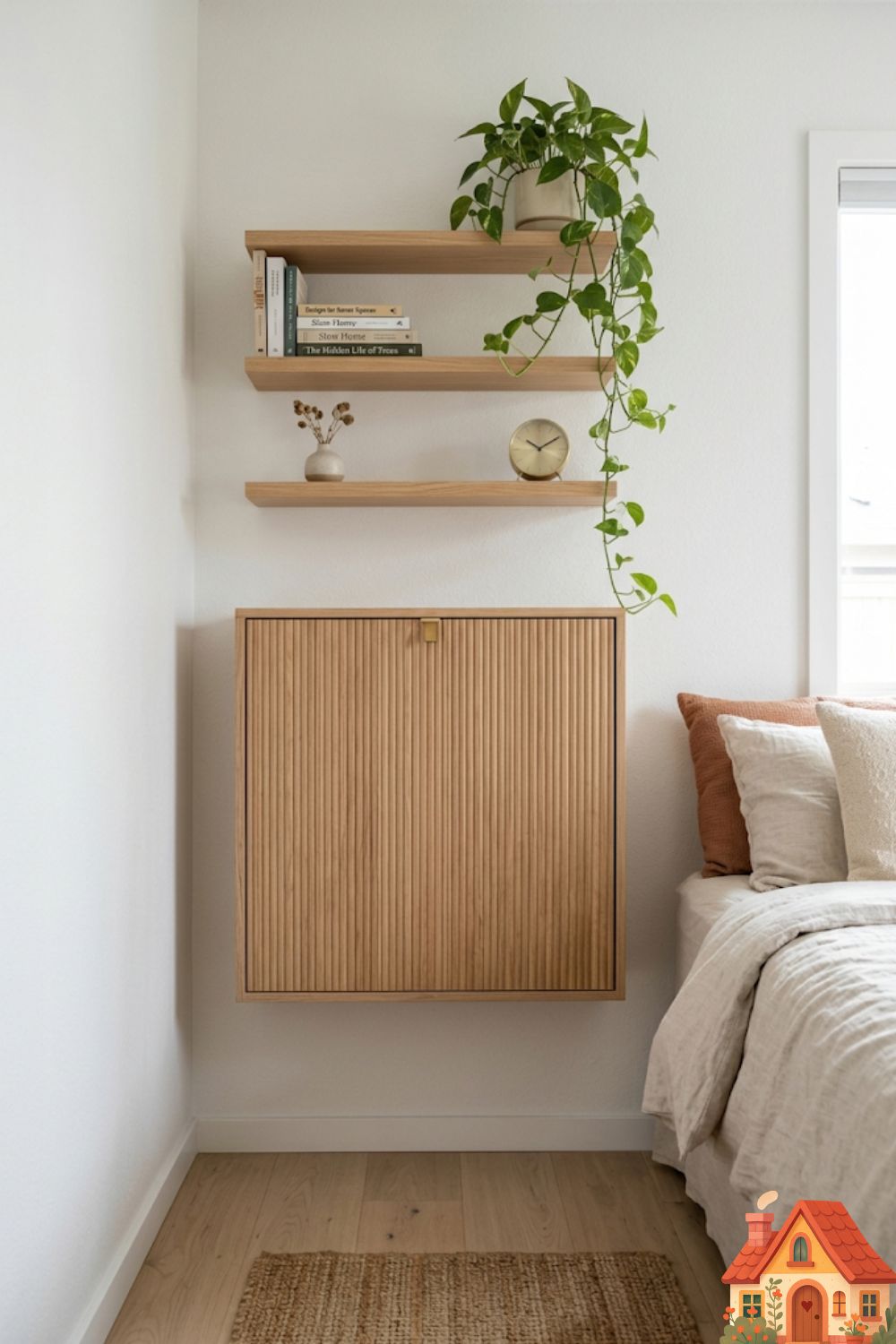A functional yet beautiful small bedroom wall. A ribbed-oak drop-leaf desk is folded down flush against a soft white wall, taking up zero space. Above it, floating shelves hold a few carefully curated books and a trailing plant. It represents the perfect balance of work functionality and visual peace.