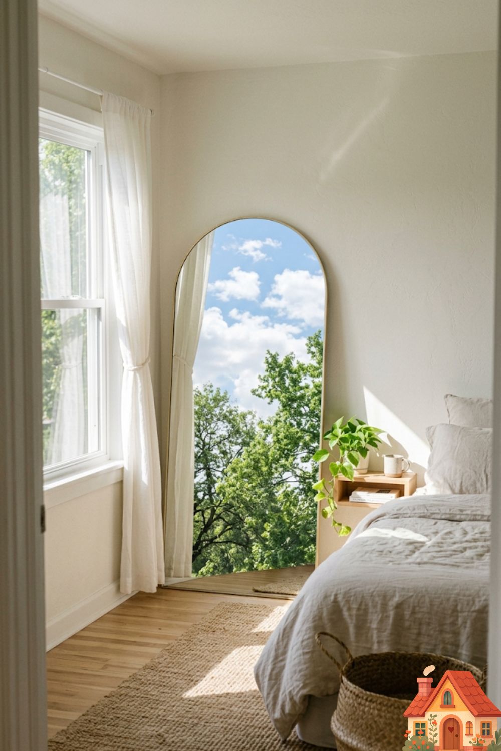 A compact, sunlit bedroom. Directly across from a bright window is a massive, floor-leaning arched mirror with a whisper-thin brass frame. The mirror perfectly reflects the blue sky, white clouds, and green trees outside, acting as a portal and instantly doubling the visual depth of the room.