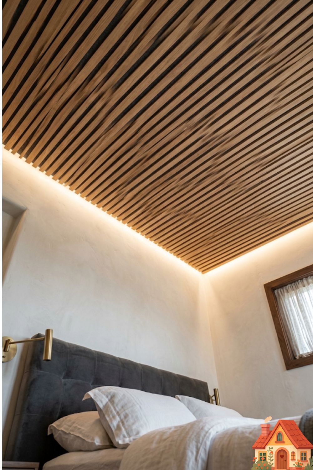 Looking up in a luxurious, compact bedroom. The ceiling is completely covered in beautiful, narrow oak wood slats with dark acoustic felt visible between the gaps. The texture brings incredible warmth and a sense of absolute quiet to the space. Soft, indirect lighting highlights the wood grain.)