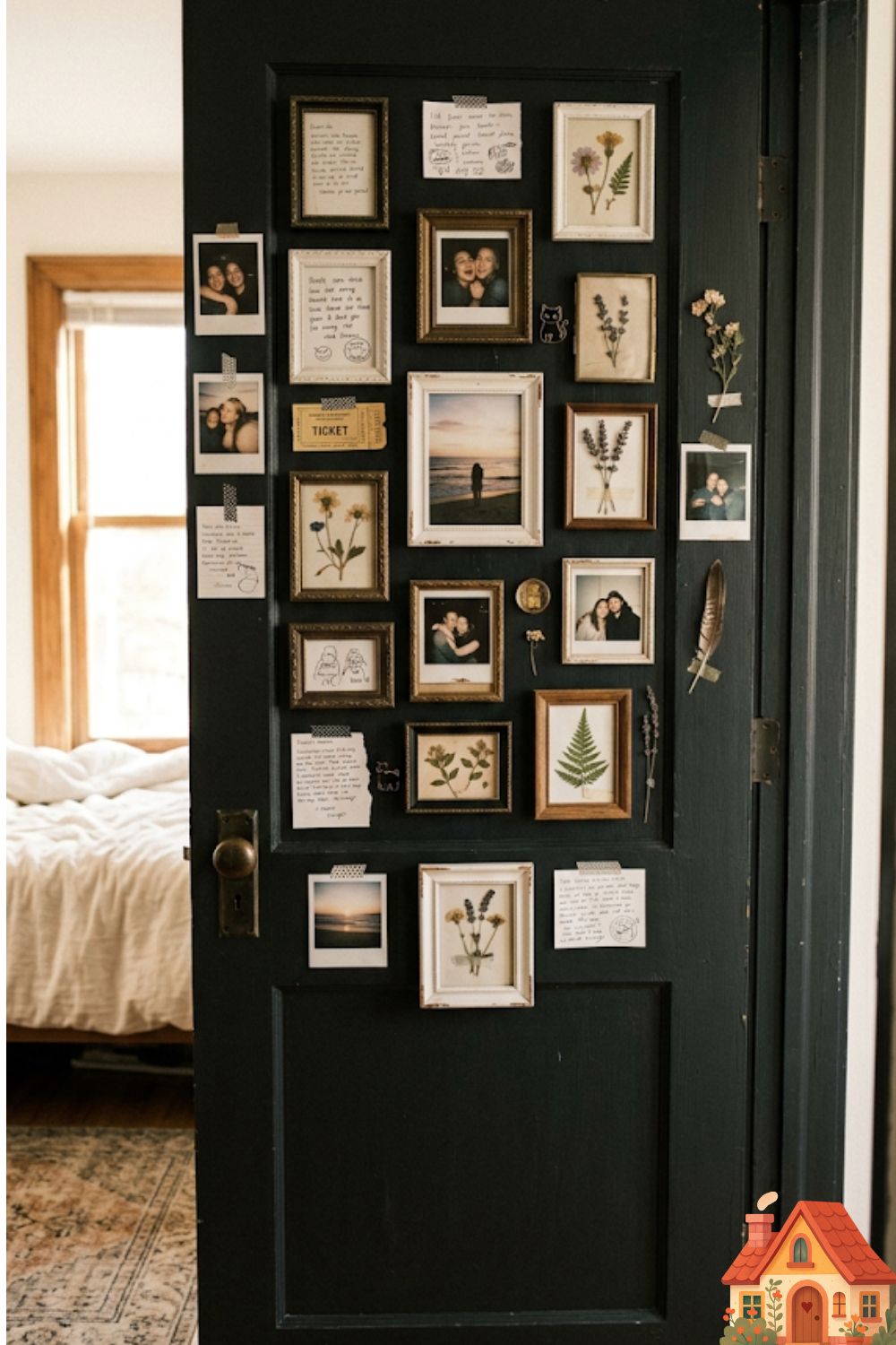 The back of a solid, dark-painted bedroom door in a small room. The door is covered in an eclectic, beautifully arranged gallery wall of small, mismatched vintage frames containing intimate polaroids, handwritten notes, and pressed flowers. A highly personal, space-saving display of emotional connection.
