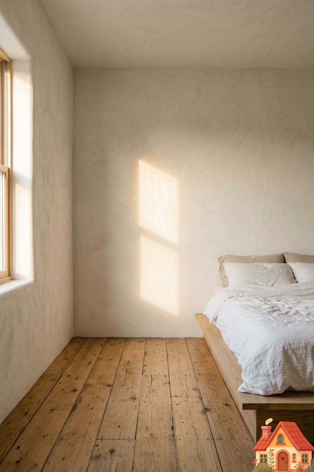 A beautifully designed small bedroom where one corner is intentionally left completely bare and empty. The warm wood floor meets the clean, Wabi-Sabi plaster wall, with gentle, golden hour sunlight hitting the empty space. It conveys a deep sense of minimalist peace, emotional relief, and breathing room.