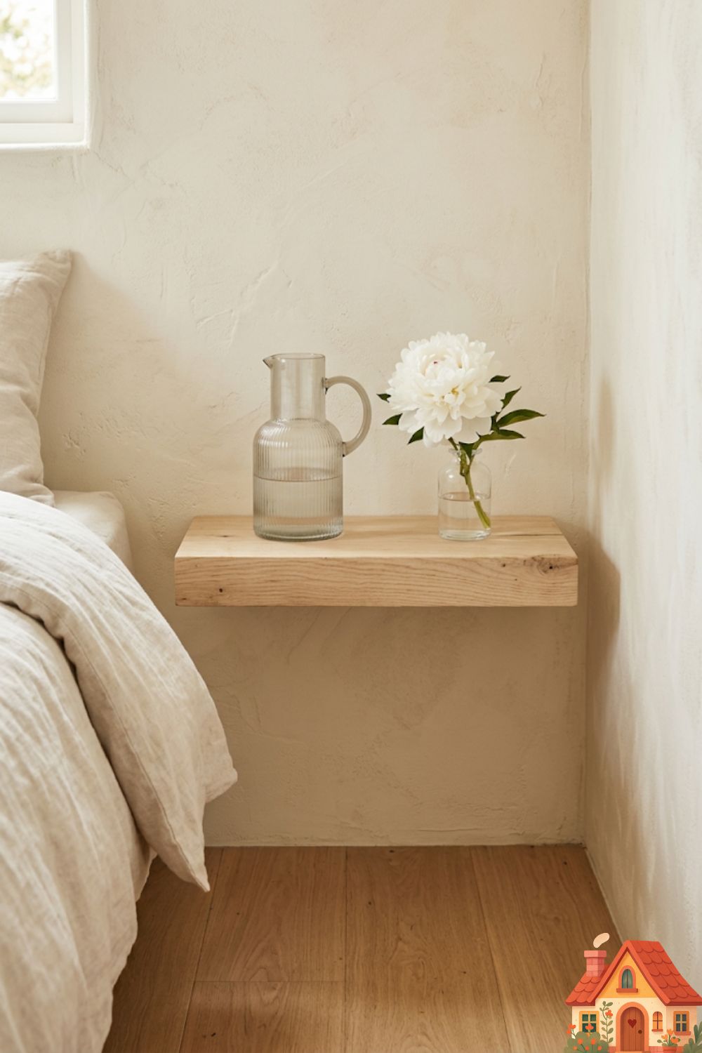 A close-up of a tiny, serene bedroom corner. A thick slab of raw, light-ash wood floats effortlessly on a textured plaster wall, acting as a minimalist nightstand. The floor beneath is completely visible and clear. On the shelf sits a ribbed glass carafe and a single white peony. Uncluttered peace.