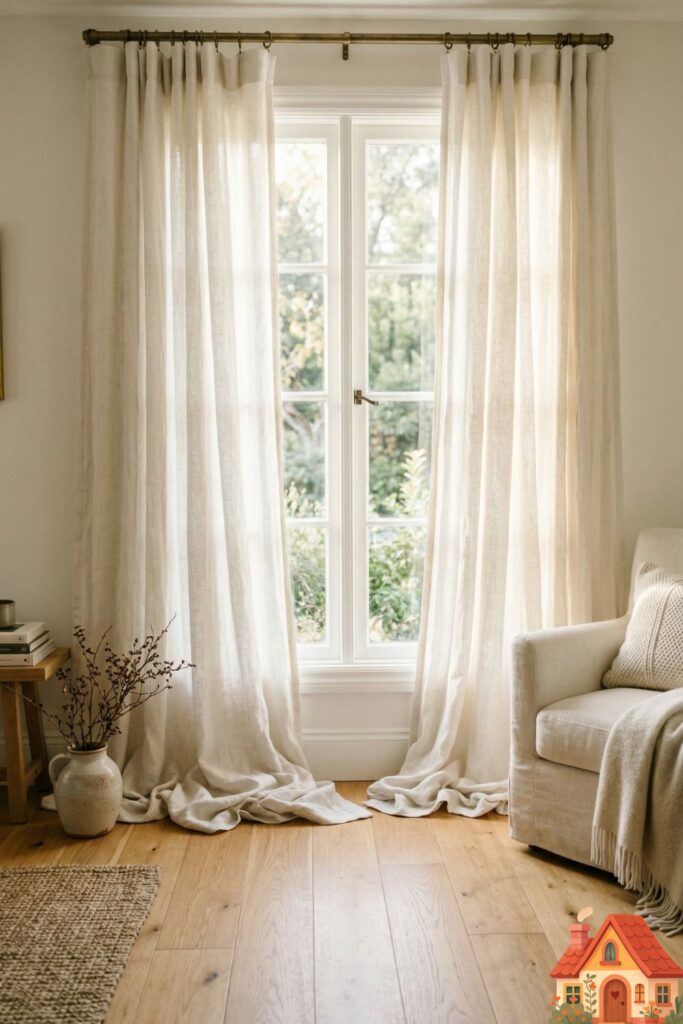 A light-drenched living room window dressed in heavy, warm-white French linen curtains. The fabric is beautifully and intentionally 'puddled' on the light oak hardwood floor, bathed in soft, diffused morning sunlight. The matching white-on-white aesthetic creates a seamless, ethereal boundary.