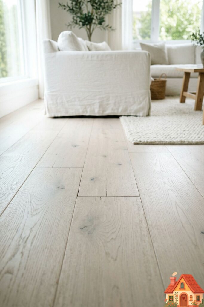 A low-angle shot focusing on the living room floor. The flooring is wide-plank, heavily bleached and whitewashed European oak, showing soft grain texture. In the softly blurred background, the bottom of a white slipcovered sofa and a cozy white rug can be seen. Grounding yet impossibly airy.