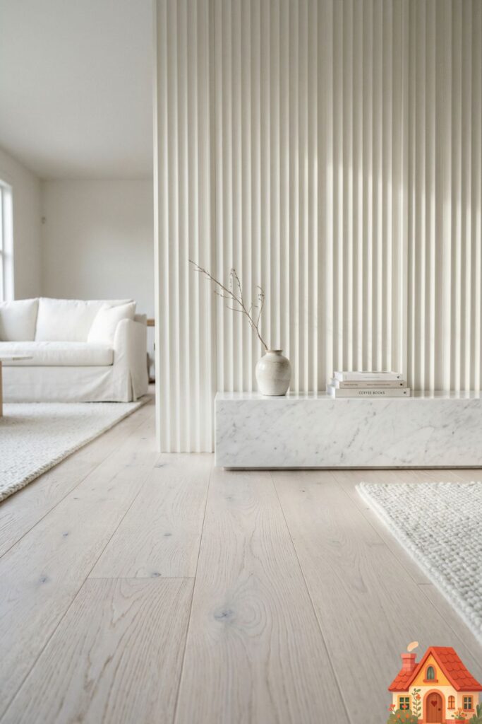 A stunning living room accent wall made entirely of vertical, fluted wood paneling, painted in a matte, soft ivory white. The ribbed texture catches the natural light, creating satisfying, soft shadows. A sleek, low-profile white marble console table sits in front of it. Tactile, modern luxury.