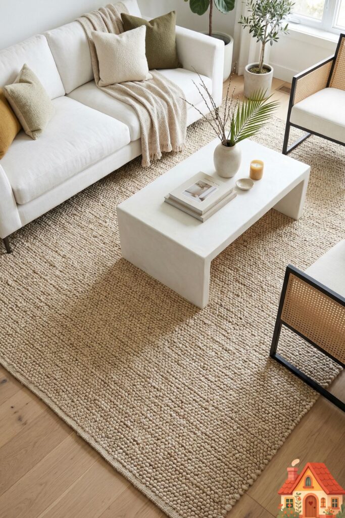 A top-down, angled view of a white living room floor. A massive, heavily textured natural jute rug in a warm oatmeal color anchors the space. A modern white linen sofa and a minimalist white plaster coffee table sit comfortably on top. The natural fiber adds crucial warmth and approachable comfort.