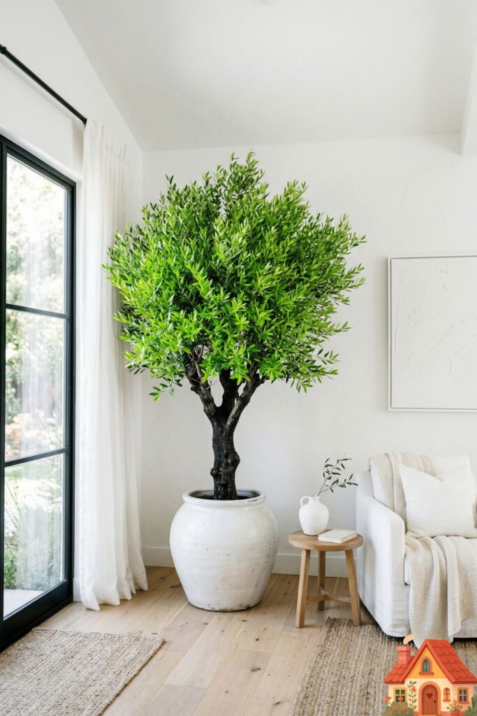 A pristine, bright white minimalist living room. In the corner, a massive, vibrant green, sculptural Black Olive tree sits in an imperfect white ceramic pot. The bright green foliage provides the only pop of color in the entire room, standing out beautifully against the clean white walls. Fresh and life-giving.