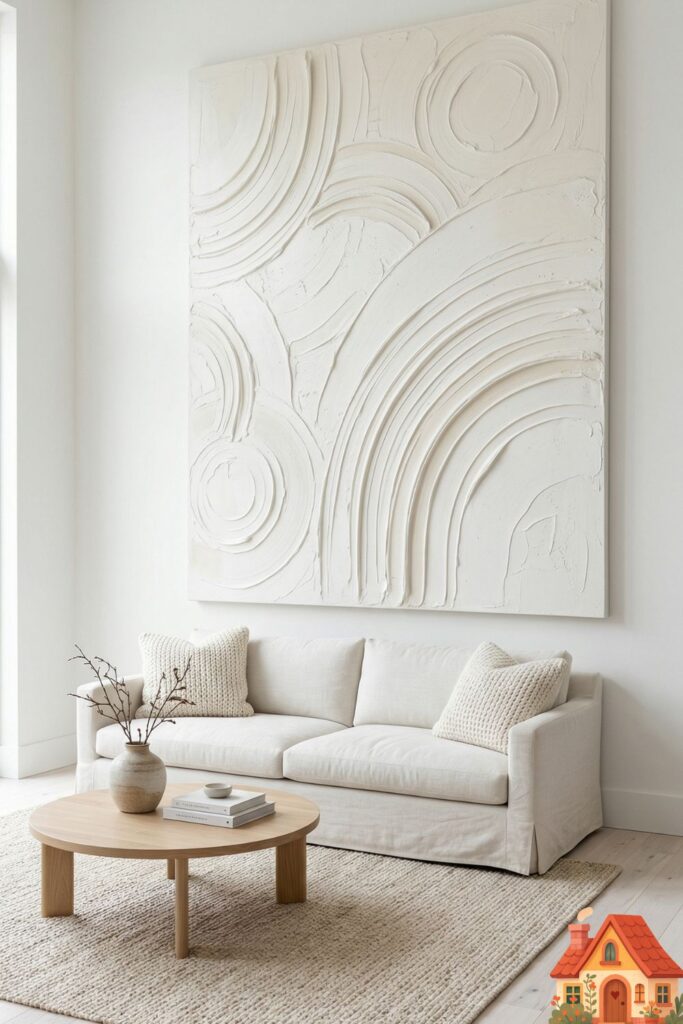 A white living room wall featuring a single, massive, oversized abstract canvas. The art contains no bright colors, only heavily textured, thick modeling paste arranged in sweeping, organic arcs of cream, ivory, and pure white. The large scale of the subtle art makes the room feel intentionally grand and deeply calm.