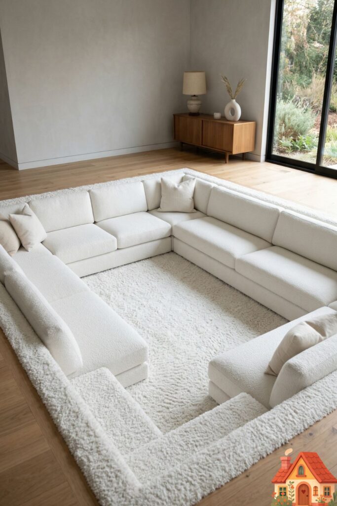 A luxurious, modern sunken living room conversation pit. The lowered rectangular space is completely lined with wall-to-wall, plush white carpeting and seamless, deep white upholstered seating on all sides. It looks like a protective, impossibly soft nest. Minimalist, retro-modern, and highly inviting.
