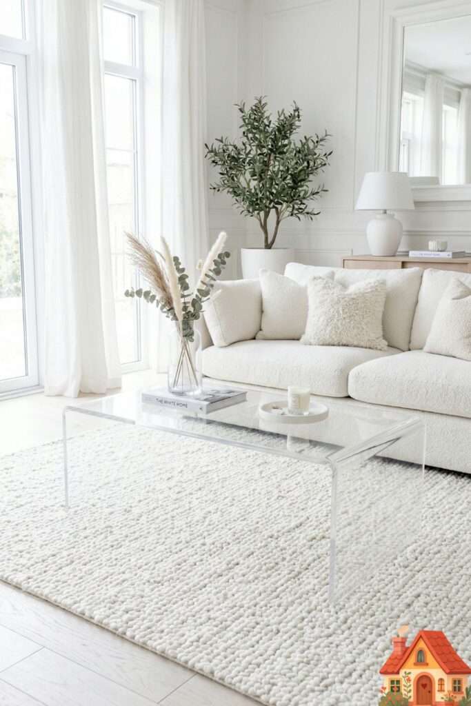 A chic white living room featuring a completely transparent, thick lucite waterfall coffee table in front of a plush white sofa. A beautiful, textured white rug beneath the table is fully visible through the glass, making the room feel completely unobstructed and full of air.