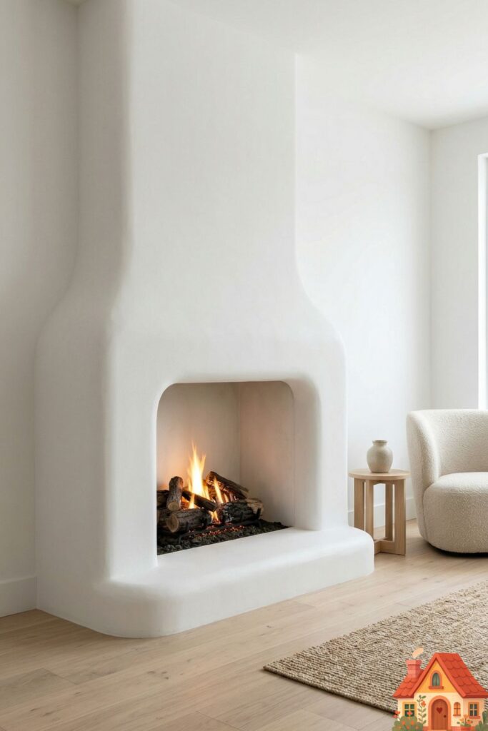 A stunning, organic-shaped fireplace built smoothly into a white plaster living room wall. It curves gently without any sharp corners, painted the exact same white as the walls. Inside the minimalist alcove, a fire glows warmly, providing the only dark contrast. A beautiful fusion of primal warmth and modern silence