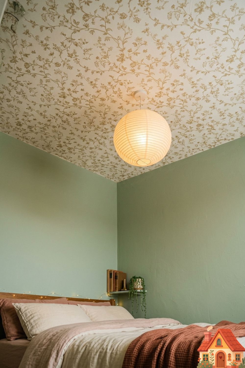 Low-angle shot looking up in a cozy, compact bedroom. The walls are a soft, solid sage green, but the ceiling is covered in a delicate, vintage-inspired botanical wallpaper with trailing gold vines. A soft, warm-glowing paper lantern hangs in the center. Intimate, highly curated, romantic design.