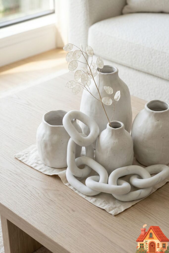 A close-up of a perfectly styled, soft-white oak coffee table. Resting on it is a curated collection of matte white, imperfect handmade ceramic vases, a sculptural white marble decorative chain, and a single dried white lunaria branch. The styling is monochromatic, highly textured, and incredibly sophisticated.