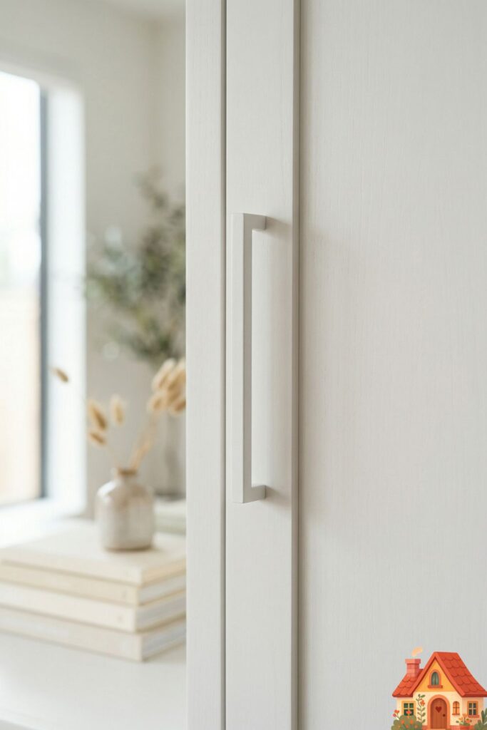 A highly detailed macro shot of a white built-in living room cabinet. The cabinet features a sleek, powder-coated matte white metal handle that almost completely blends into the soft white wood of the door. Pure visual silence, showcasing absolute attention to detail and modern minimalism.