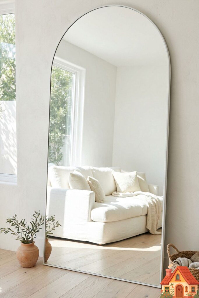 A sun-drenched white living room. Resting on the bleached wood floor and leaning against the plaster wall is a massive, incredibly tall arched mirror with a whisper-thin white frame. The elegant curve of the arch softens the room, and the mirror reflects a glowing white sofa, doubling the visual depth of the space.