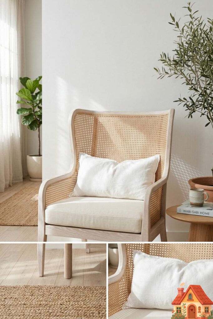 A cozy corner of a white living room. A beautiful armchair made of bleached, white-washed ash wood features an open-weave natural cane backrest. A soft, white linen lumbar pillow rests on the seat. The woven texture of the cane provides beautiful, organic friction against the smooth white walls.