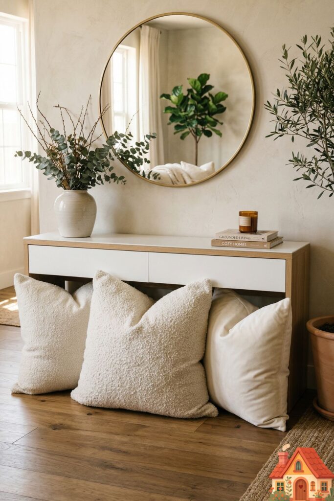 A cozy living room scene showing a sleek, low white console table. Tucked neatly underneath and beside it are three massive, overstuffed floor pillows in rich, creamy white velvet and bouclé fabrics. They look deeply inviting, signaling a room meant for casual, grounded living and connection