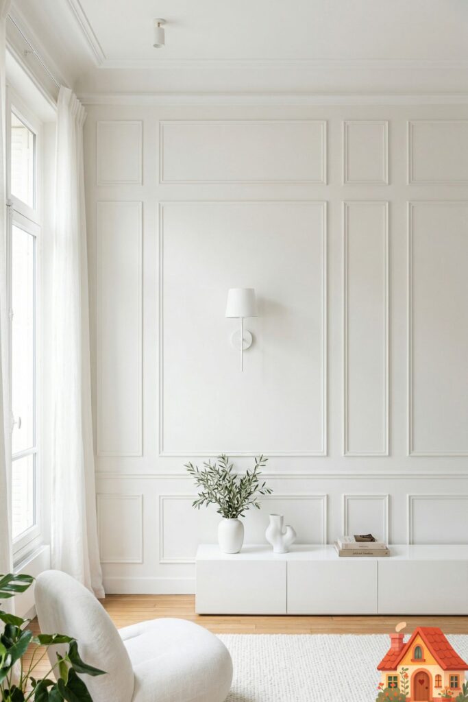A pristine white living room wall featuring ultra-thin, minimalist picture-frame wall moldings (boiserie). The moldings are painted the exact same soft white as the wall, providing just a subtle, elegant shadow line. A single, sleek white wall sconce sits in the center. A perfect blend of Parisian elegance and modern minimalism.