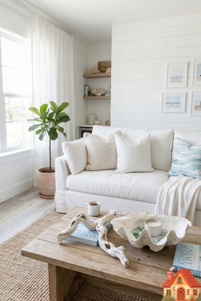 A beautifully styled, breezy white living room with a subtle coastal aesthetic. A white linen slipcovered sofa looks deeply comfortable. On the raw wood coffee table sits a piece of beautiful, sun-bleached white driftwood and a large, textured white clam shell. Airy, salty, and effortlessly relaxing.