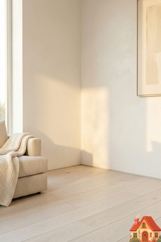 A beautifully designed, minimalist white living room where one entire corner is intentionally left completely bare and empty. The bleached wood floor meets the clean, warm-white plaster wall, with gentle, golden hour sunlight hitting the empty space. It conveys a profound sense of minimalist peace, emotional relief, and breathing room.