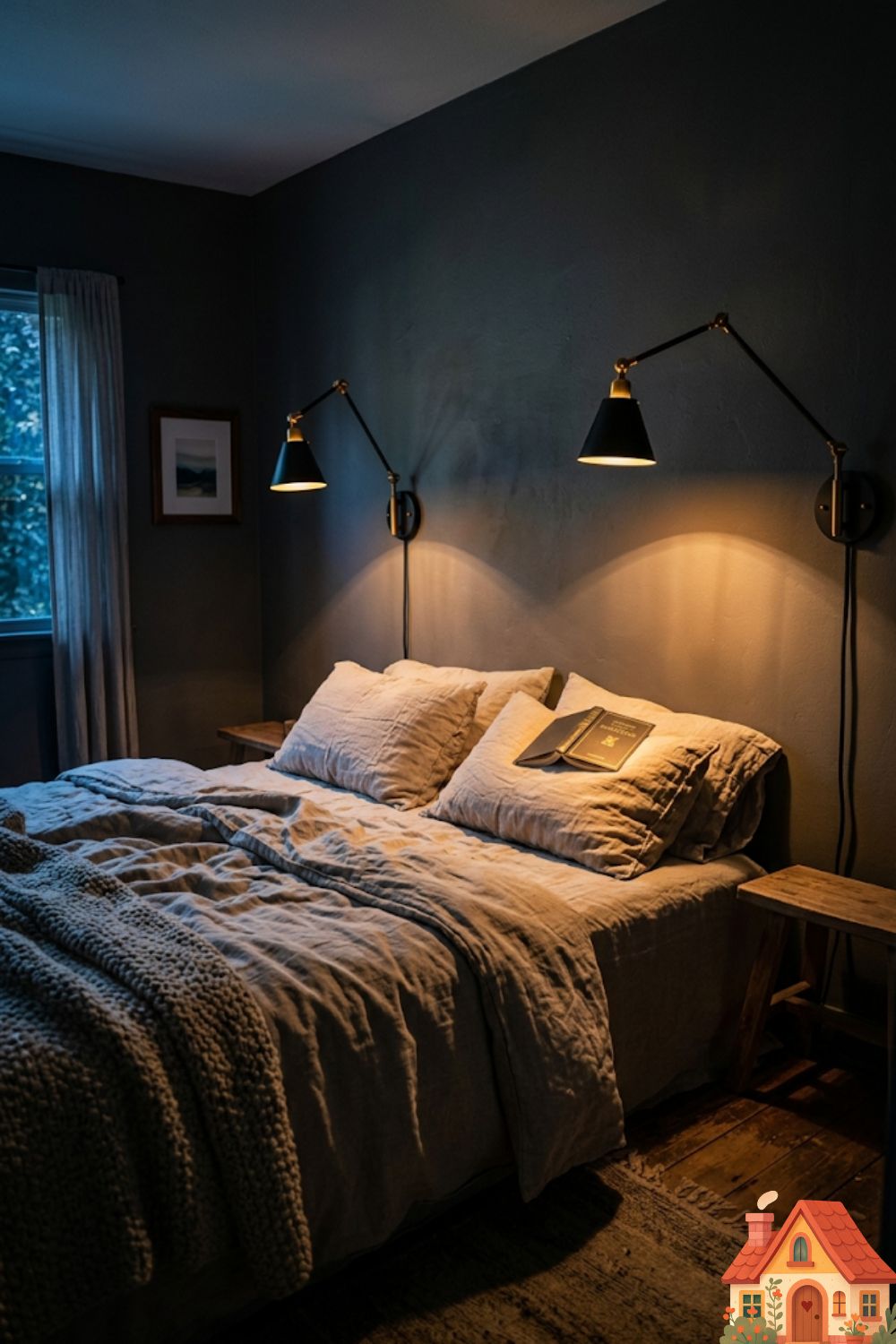 A deeply atmospheric small bedroom. Above a rumpled, linen-covered bed, two beautiful, matte-black and brass swing-arm wall sconces are mounted to the wall. They are casting a warm, triangular beam of light downward for reading, leaving the tiny bedside tables completely clear. Moody, cinematic lighting.